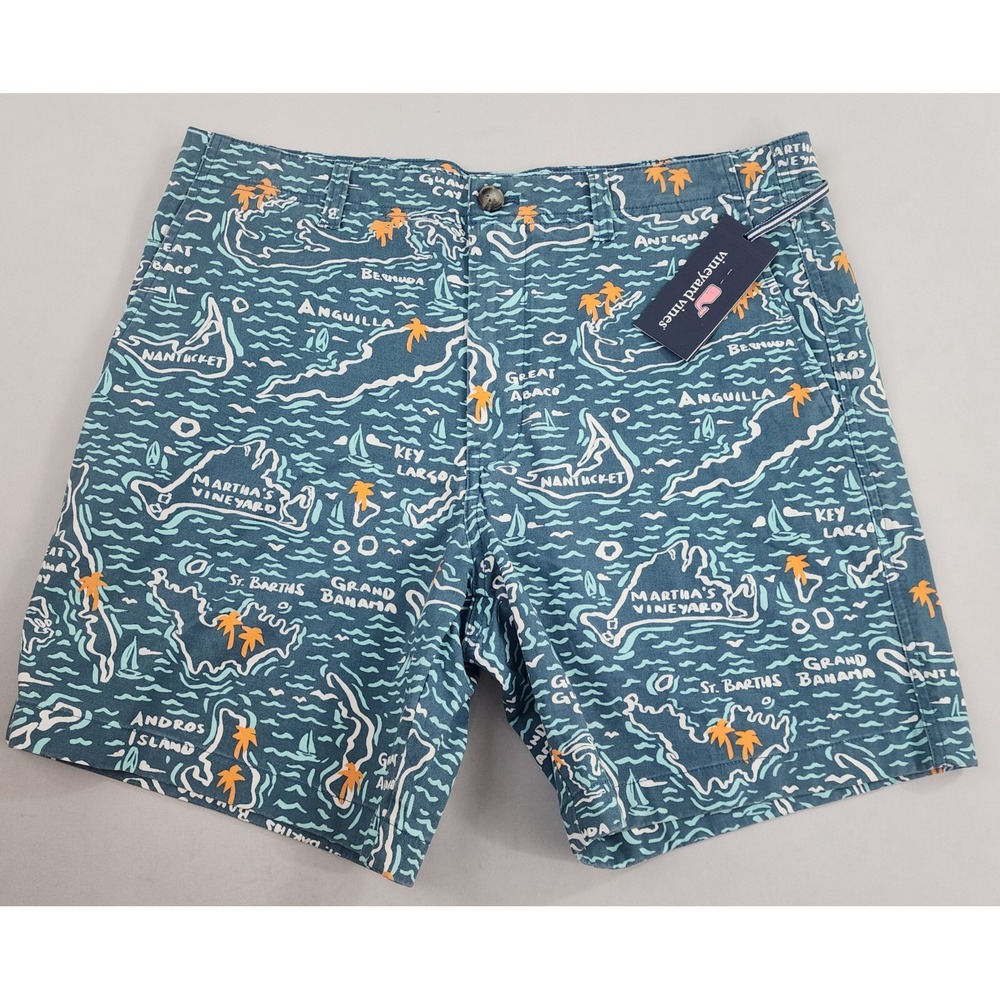 Vineyard Vines Island Shorts 32 7in Blue Map Print Pockets Palm Boat Mens NEW